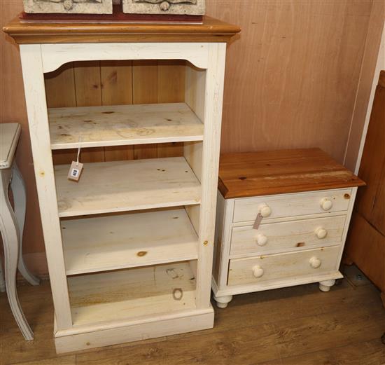 A Victorian style white painted three drawer bedside chest, with pine top and a four shelf open fronted cupboard (2) Cupboard W.68cm